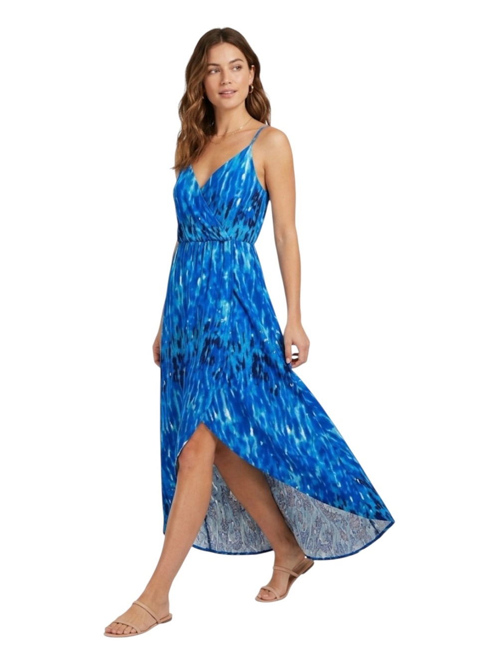 Womenβs Boho Blue Abstract Beach Spaghetti Strap V-Neck High Low Maxi Midβ¦